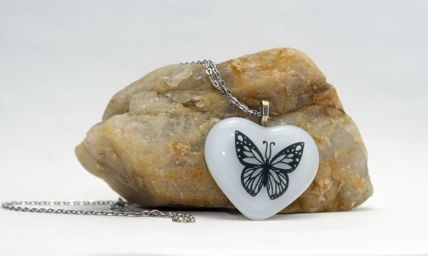 White fused glass heart with Black Butterfly on 18 inch black cord or 20 inch steel chain pendant necklace jewelry