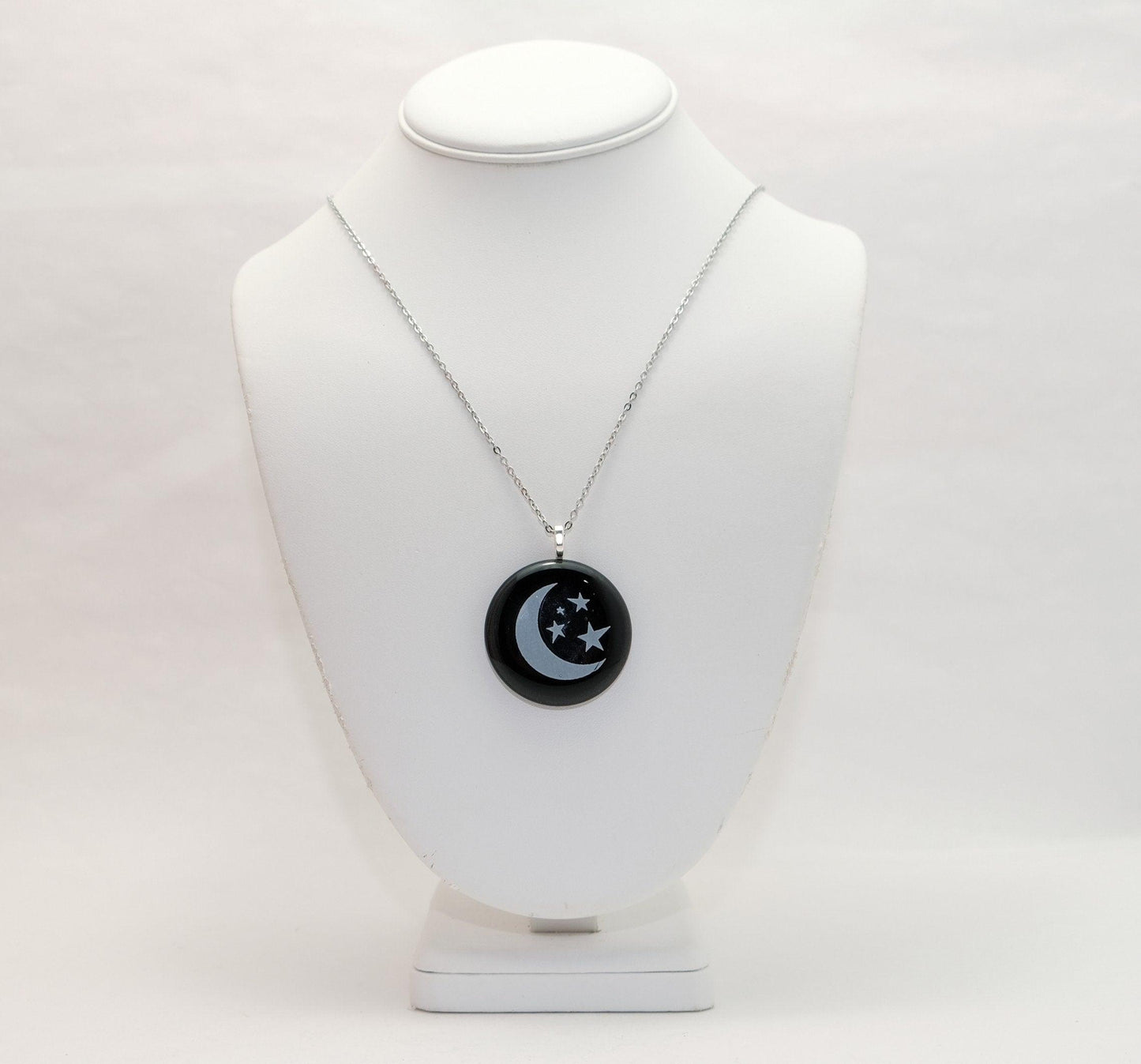 Celestial Chic: White Crescent Moon and Stars on Black Fused Glass Pendant necklace on 20 inch Steel Chain seeds glassworks seeds glassworks