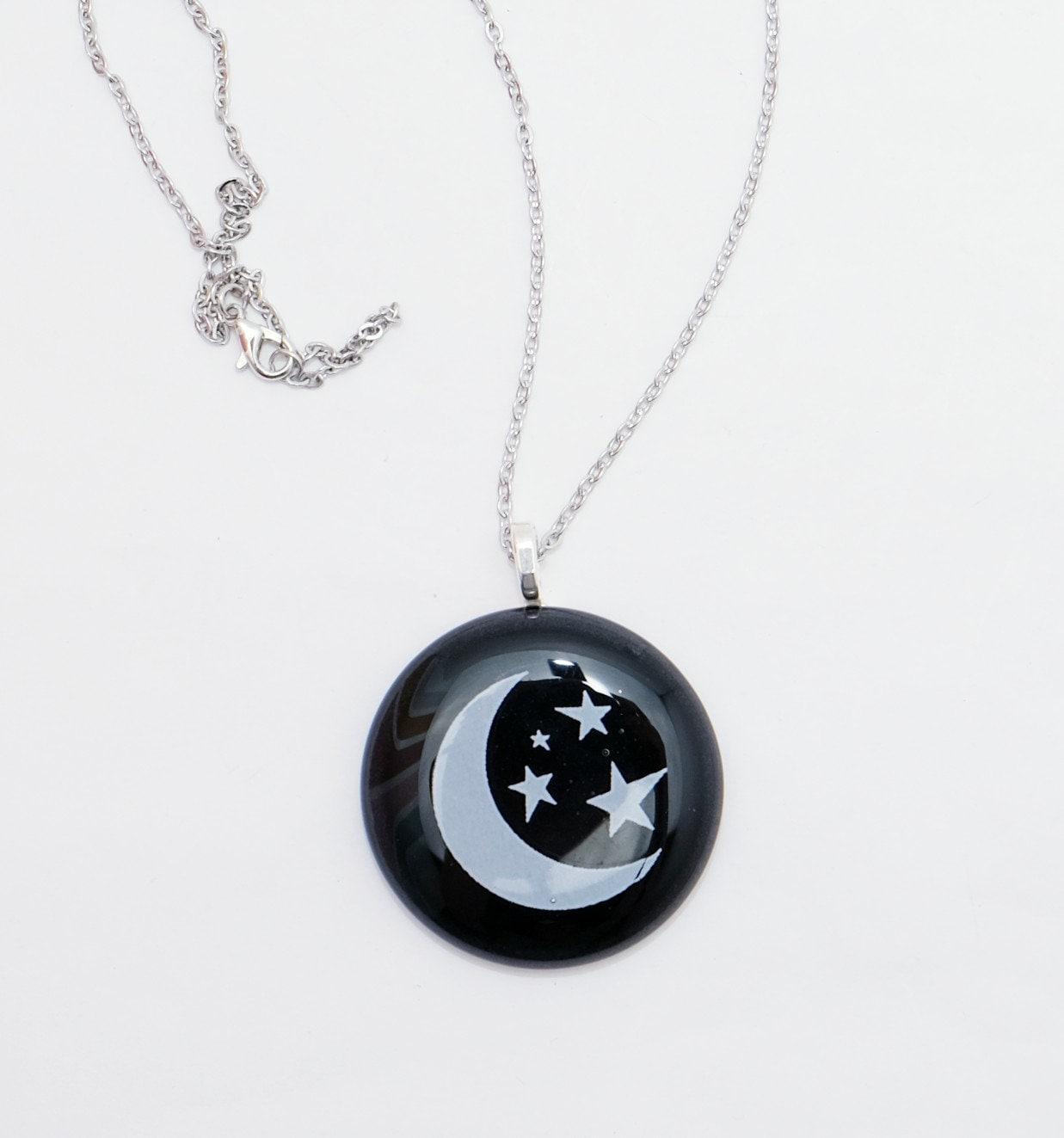 Celestial Chic: White Crescent Moon and Stars on Black Fused Glass Pendant necklace on 20 inch Steel Chain seeds glassworks seeds glassworks