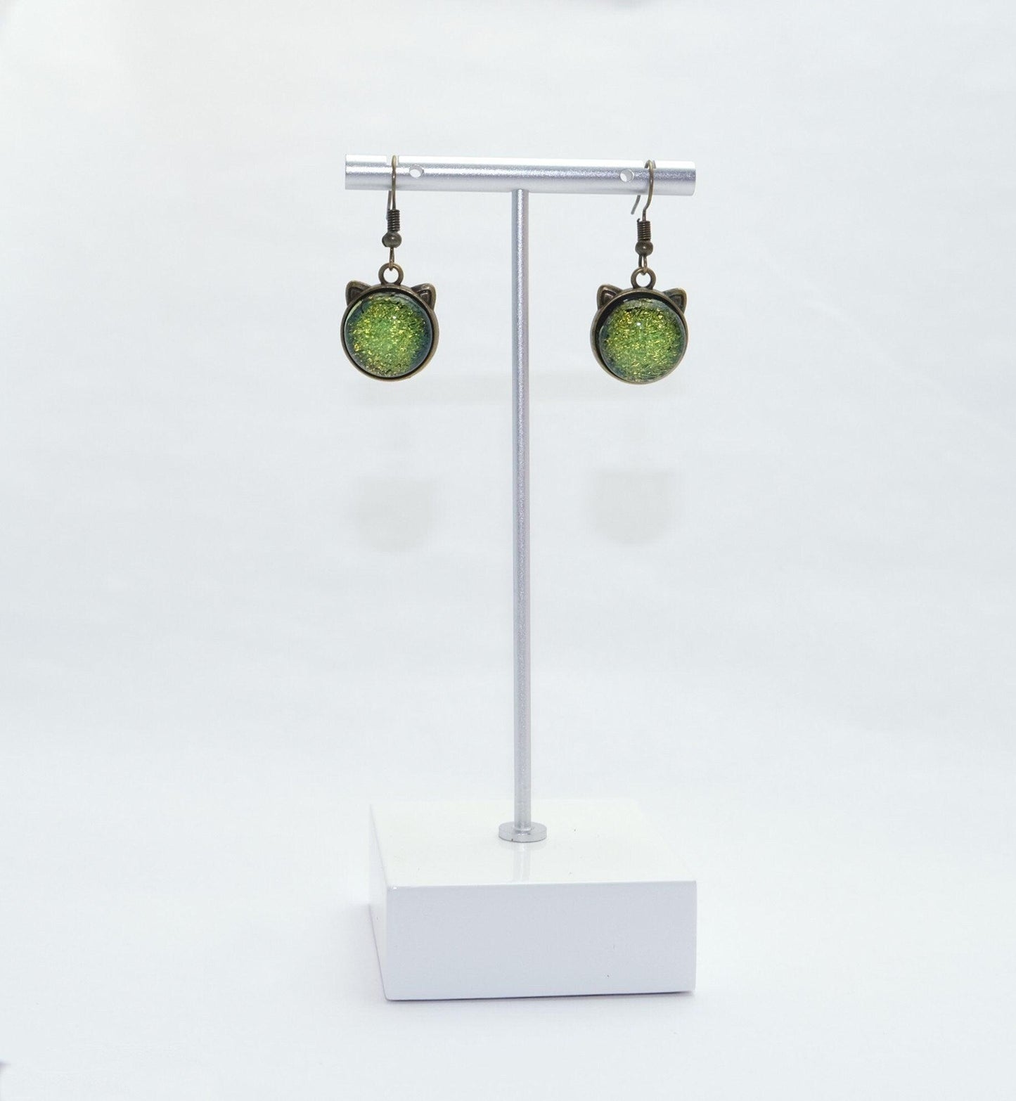 Whimsical Cat Head Shaped pierced Earrings - Brass Tone with Yellow Green Dichroic Glass seedsglassworks seeds glassworks