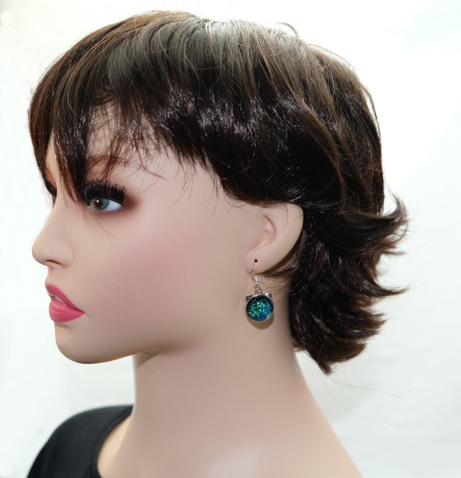 Whimsical Cat Head Shaped pierced Earrings - silver Tone with Green Dichroic Glass seedsglassworks seeds glassworks