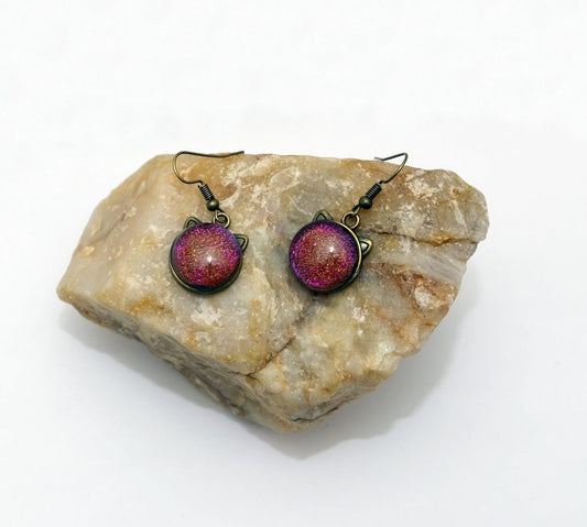 Whimsical Cat Head Shaped Pierced Earrings - Brass Tone with pinkish orange Dichroic Glass seeds glassworks seedsglassworks