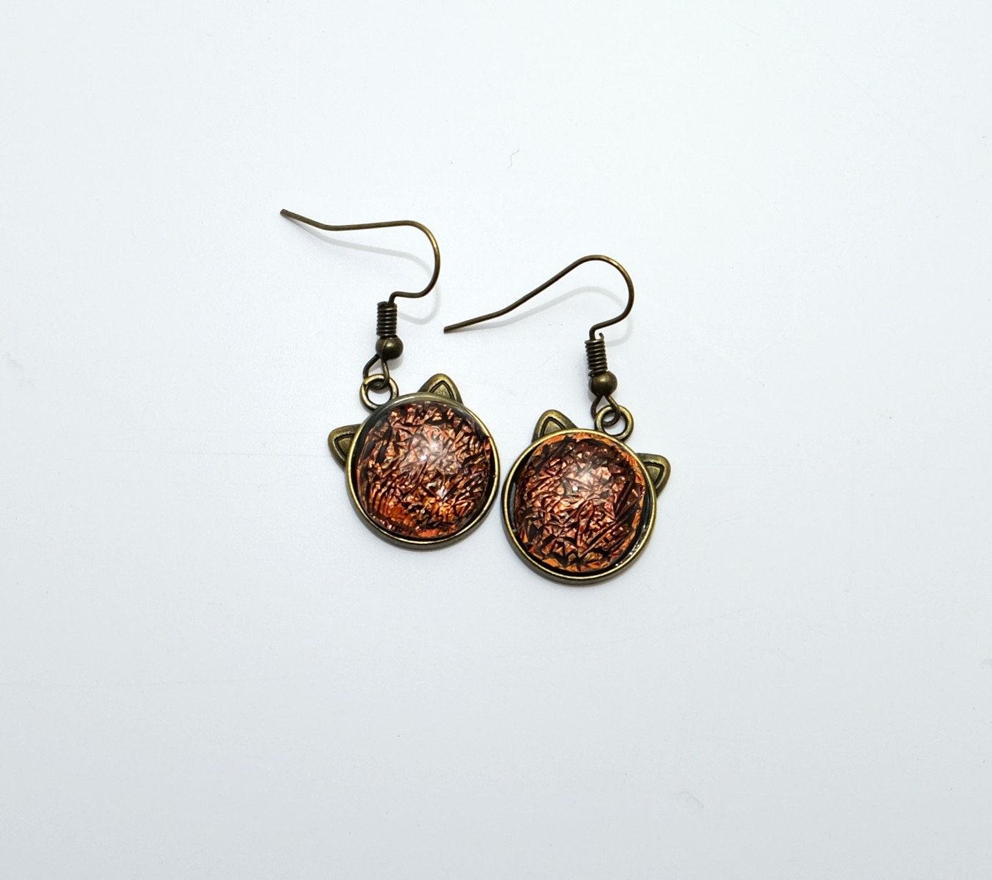 Whimsical Cat Head Shaped Pierced Earrings - Brass Tone with orange Dichroic Glass seedsglassworks seeds glassworks