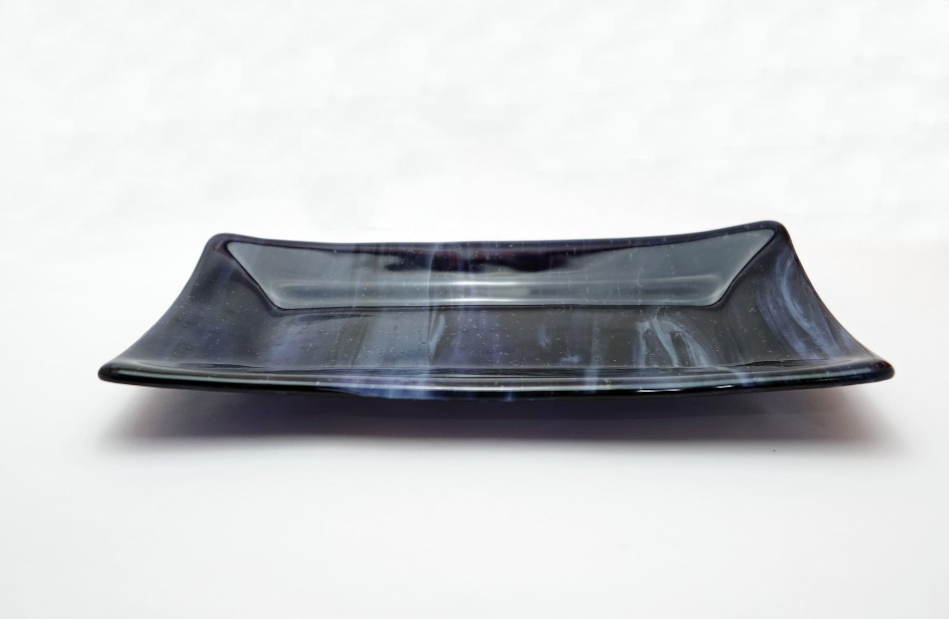 Swirling Wonder: Handcrafted 10 Inch by 5 Inch Purple, Blue and black Fused Glass Serving Plate seeds glassworks seedsglassworks
