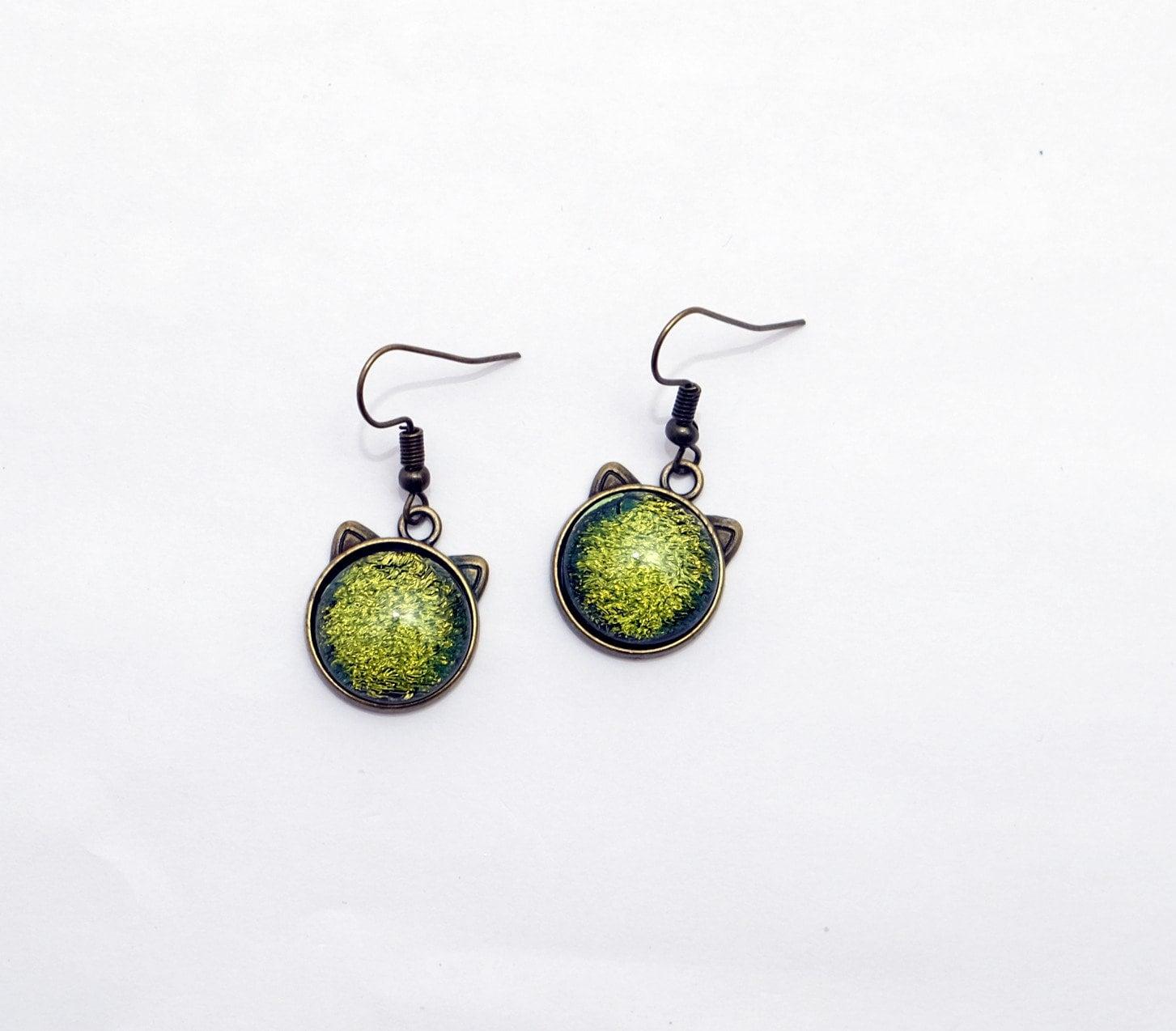 Whimsical Cat Head Shaped pierced Earrings - Brass Tone with Yellow Green Dichroic Glass seedsglassworks seeds glassworks