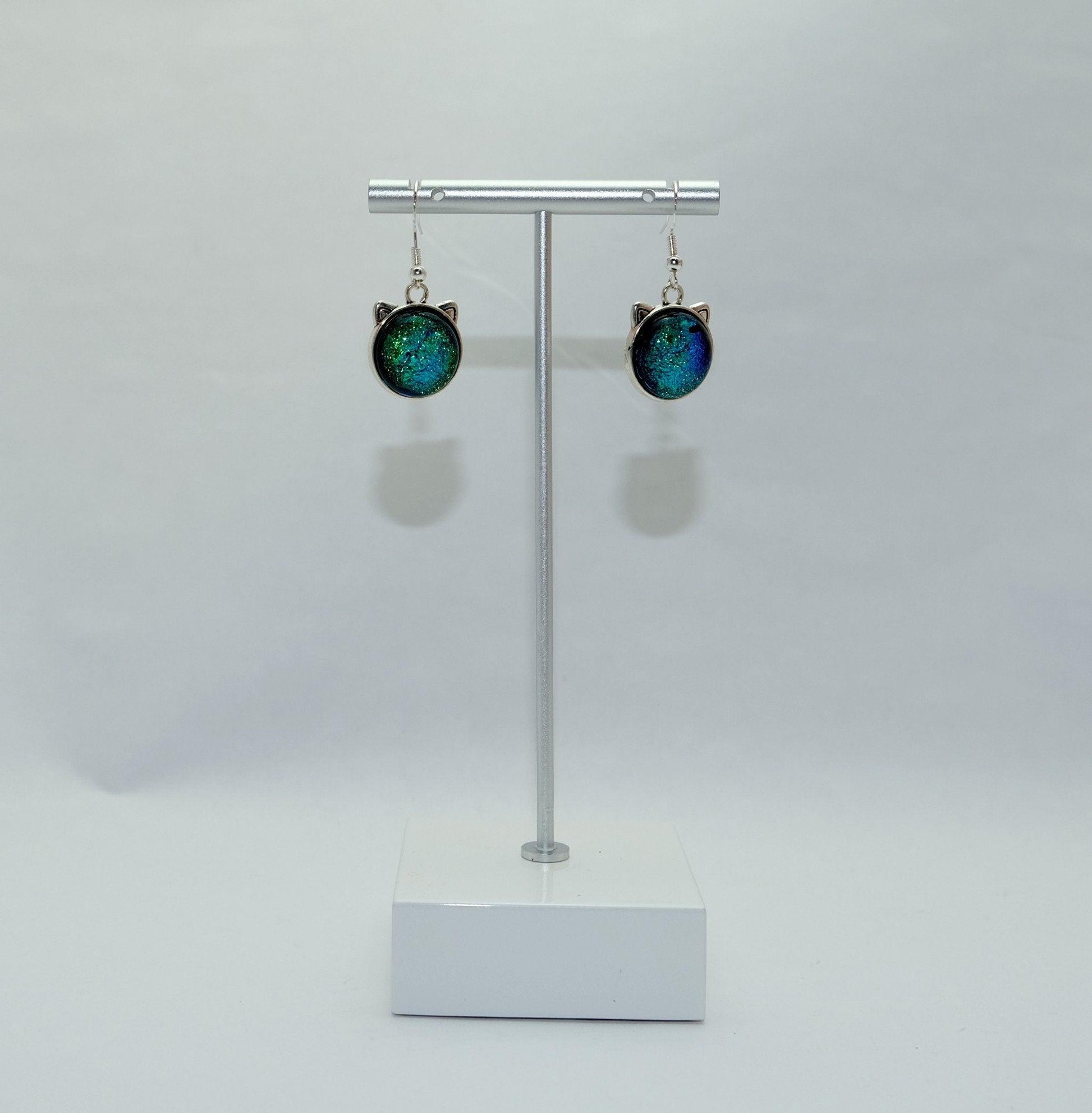 Whimsical Cat Head Shaped pierced Earrings - silver Tone with Green Dichroic Glass seedsglassworks seeds glassworks