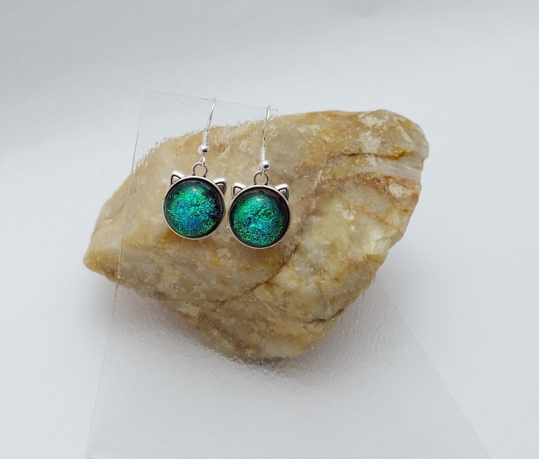 Whimsical Cat Head Shaped pierced Earrings - silver Tone with Green Dichroic Glass seedsglassworks seeds glassworks