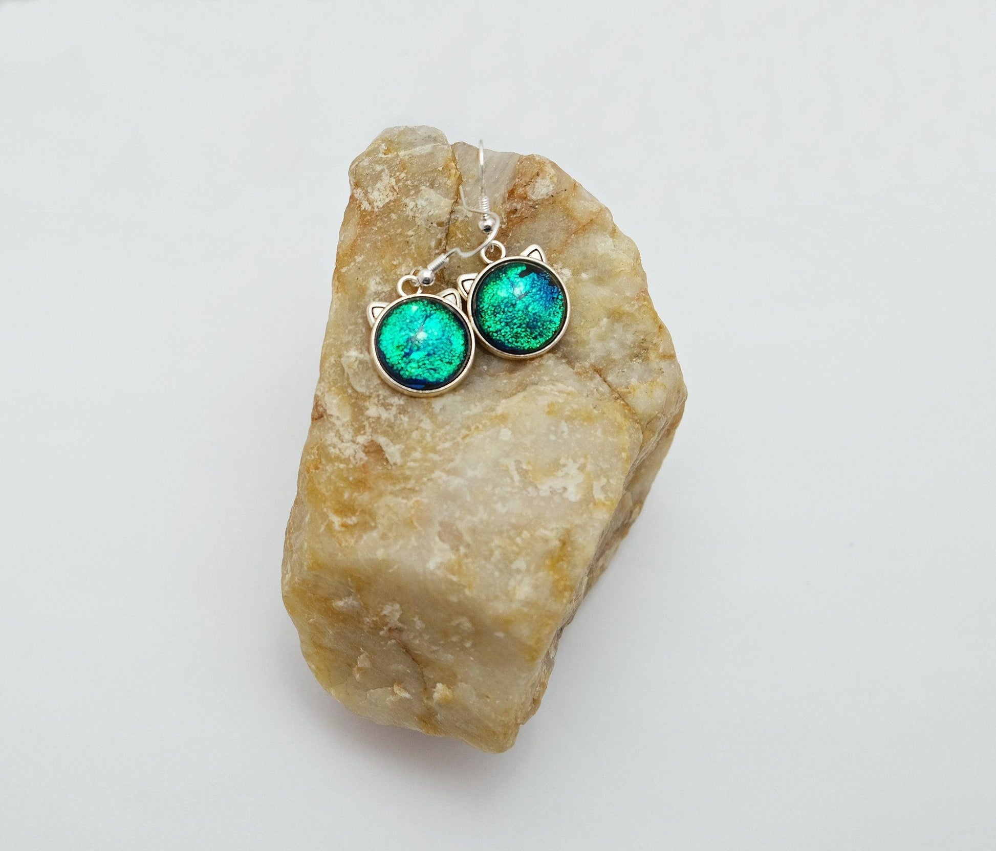 Whimsical Cat Head Shaped pierced Earrings - silver Tone with Green Dichroic Glass seedsglassworks seeds glassworks