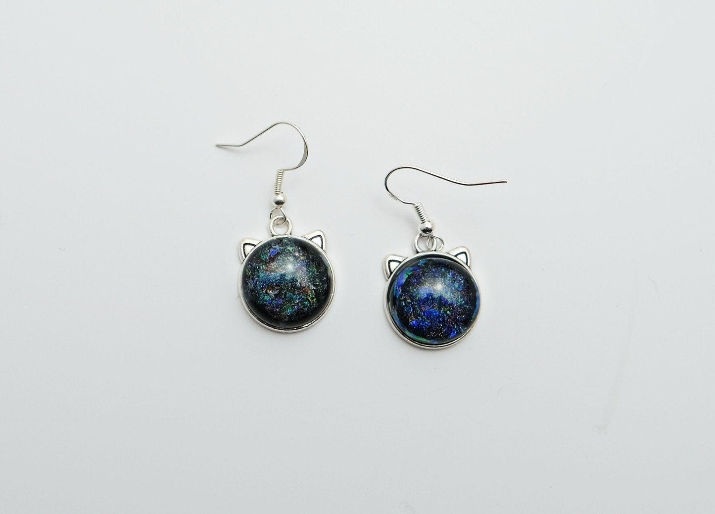 Whimsical Cat Head Shaped pierced Earrings - Silver Tone with blue Dichroic Glass seedsglassworks seeds glassworks
