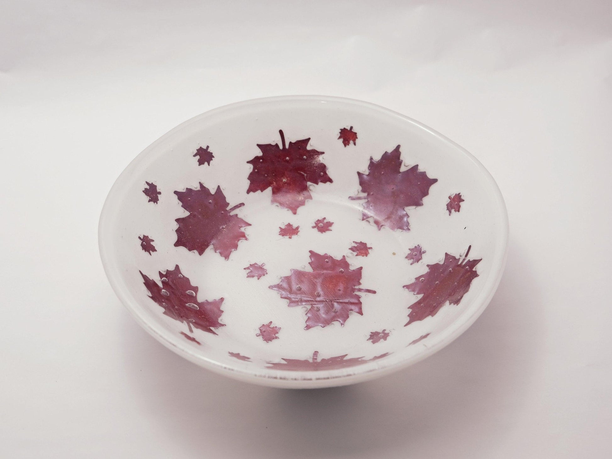 Elegant 8.5 Inch Wide white Fused Glass Bowl with real Copper Leaf Design - Perfect for Fall Decor seeds glassworks seedsglassworks