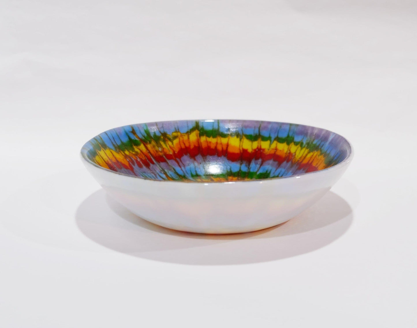 Handcrafted 8.5 Inch Wide Rainbow Tie Dye-Look White Fused Glass Bowl - Unique and Colorful Dish