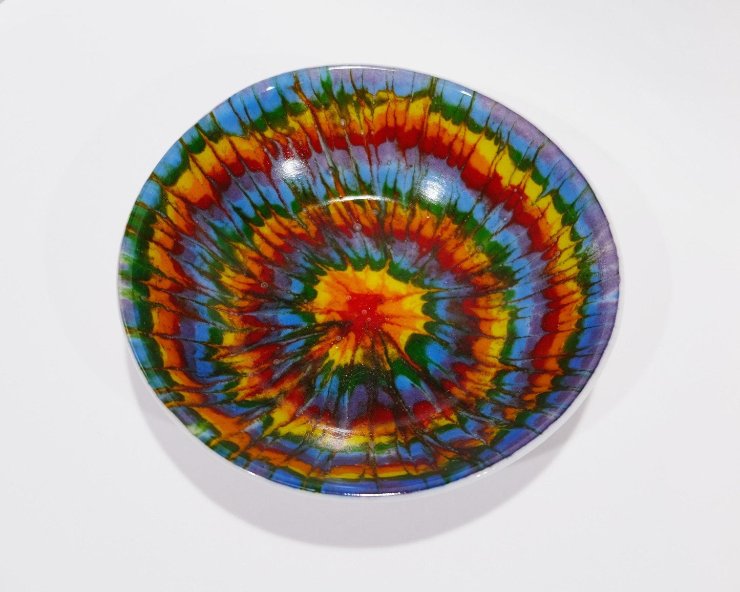 Handcrafted 8.5 Inch Wide Rainbow Tie Dye-Look White Fused Glass Bowl - Unique and Colorful Dish
