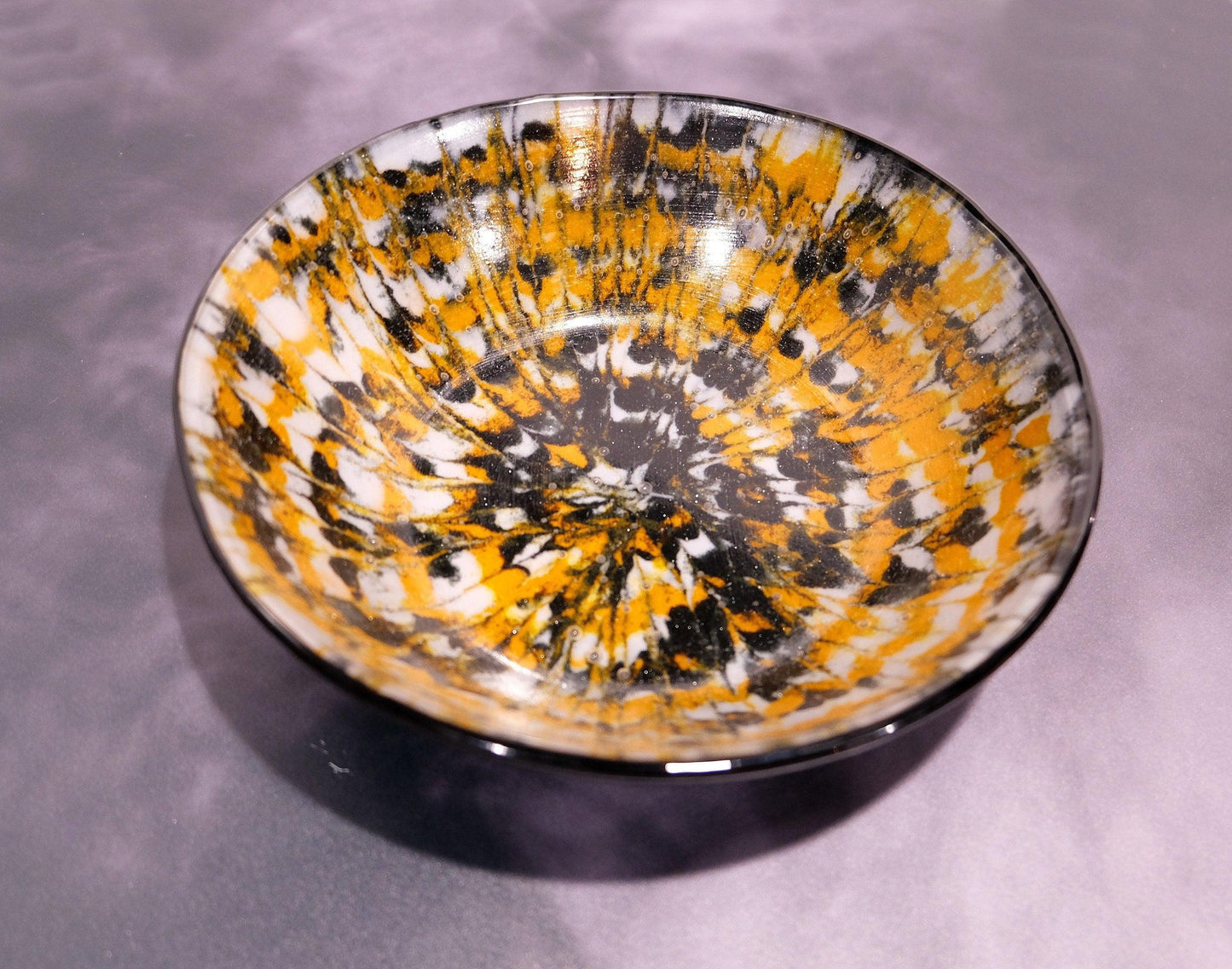 Spooky and Stylish: 8.5 Inch Wide Black, Orange, and White Tie Dye Fused Glass Bowl seedsglassworks seeds glassworks