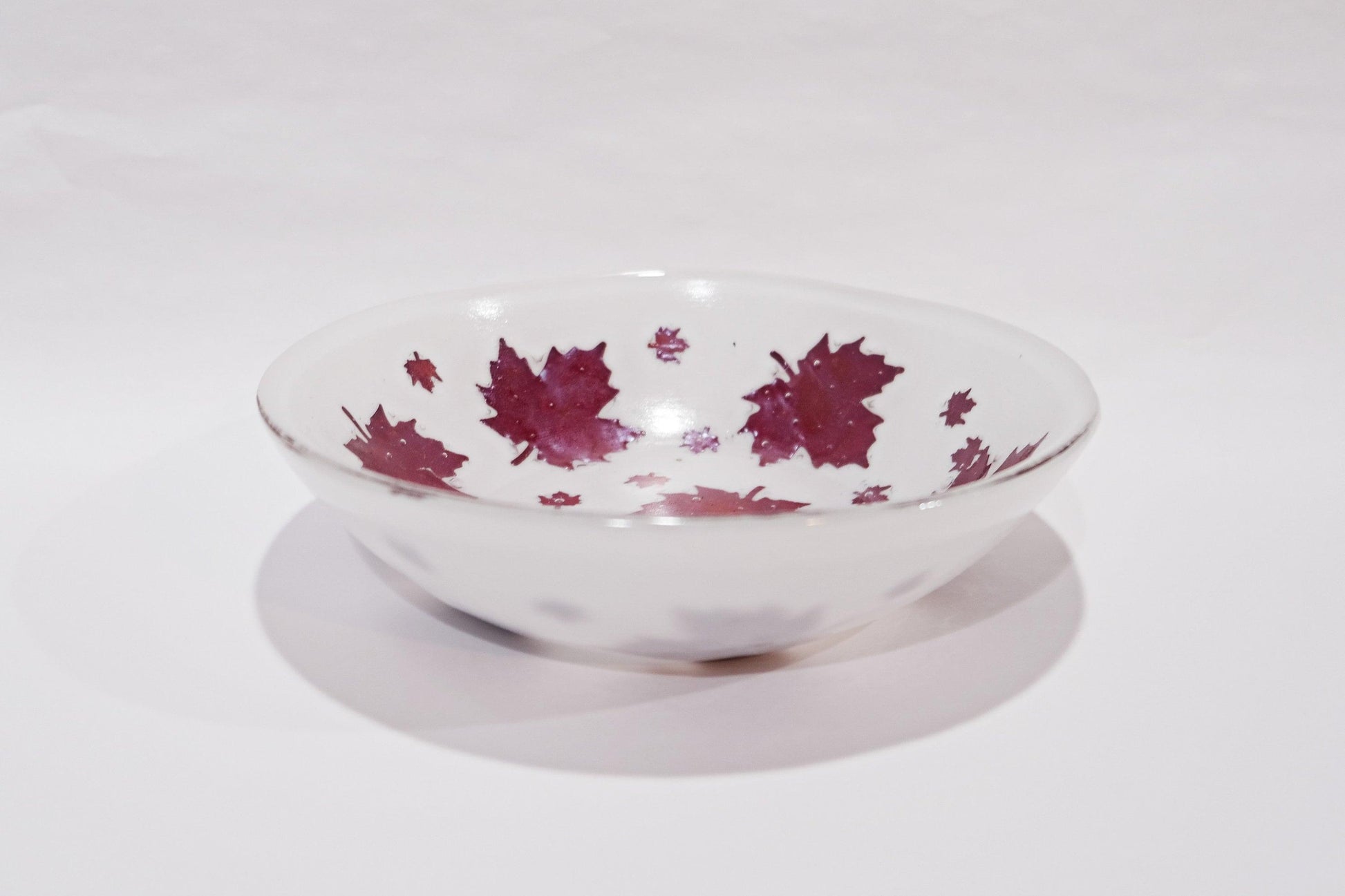 Elegant 8.5 Inch Wide white Fused Glass Bowl with real Copper Leaf Design - Perfect for Fall Decor seeds glassworks seedsglassworks