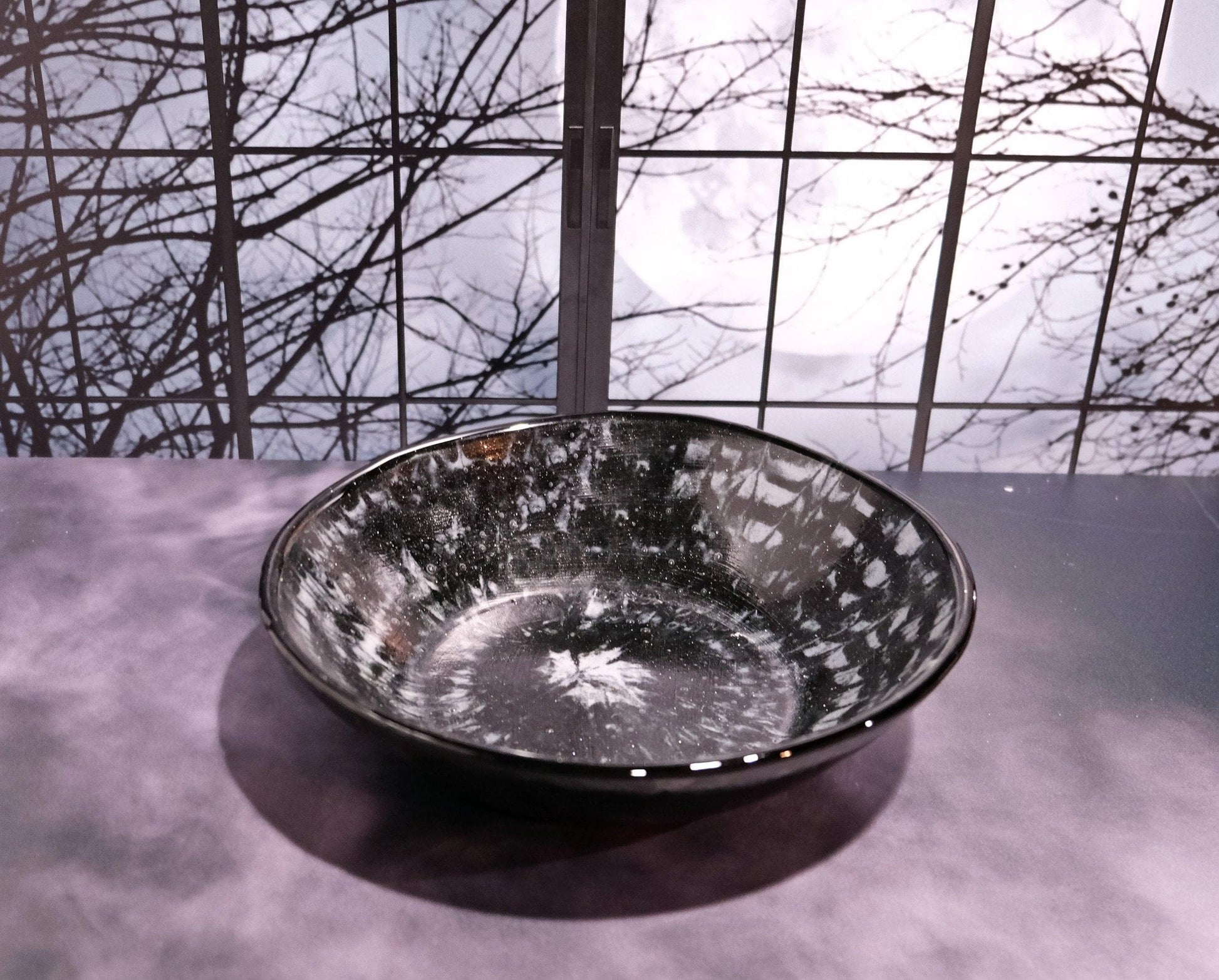 Modern Fusion: 8.5 inch Wide Black and White Tie Dye Look Glass Bowl - Artistic Home Accent seeds glassworks seedsglassworks