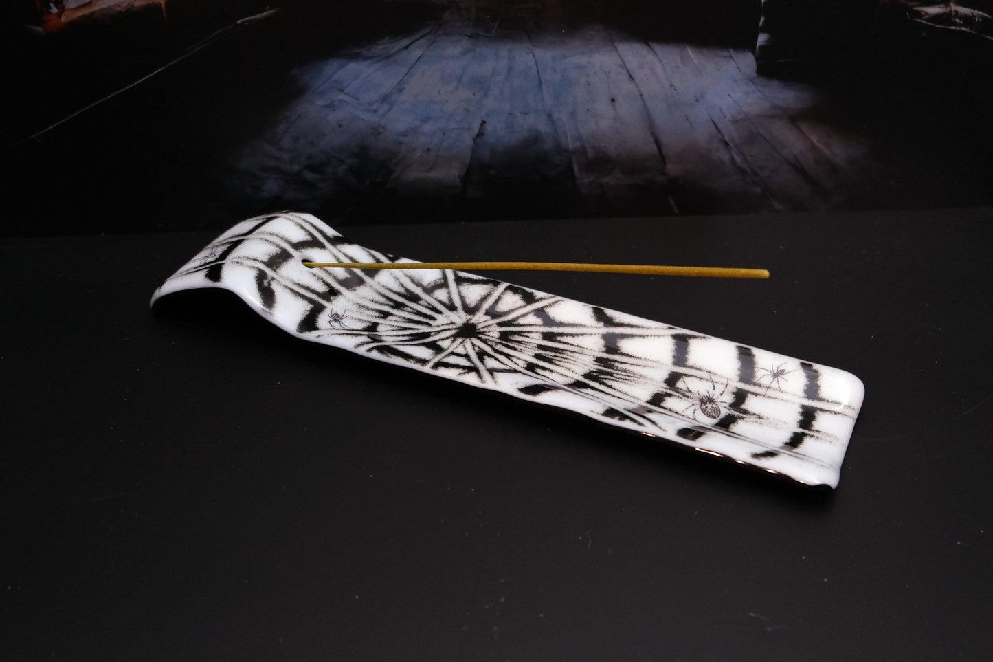 Black and White, Spooky and Whimsical Spider Web Tie Dye Incense Burner with Spiders - Handmade Fused Glass, 3x12 Inch
