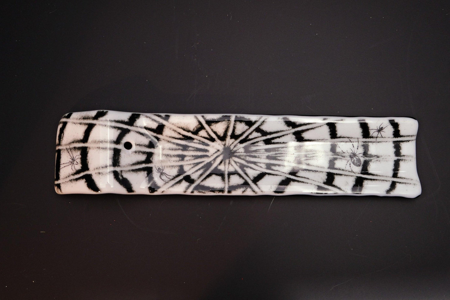 Black and White, Spooky and Whimsical Spider Web Tie Dye Incense Burner with Spiders - Handmade Fused Glass, 3x12 Inch