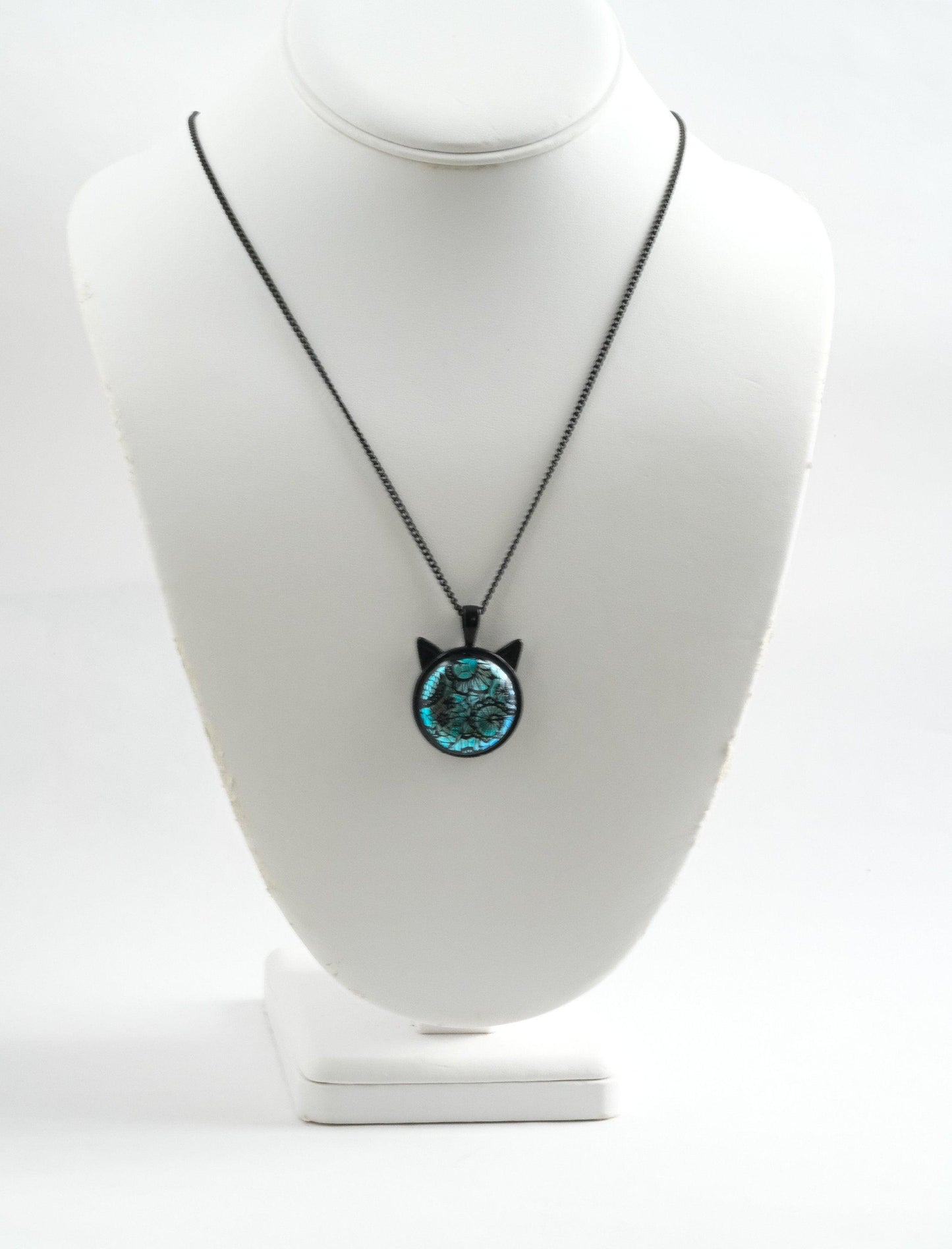 Magical Black Cat Pendant Necklace with Blue and Black satin finish lace look Dichroic Glass Center Stone on 20 in black chain seeds glassworks seedsglassworks