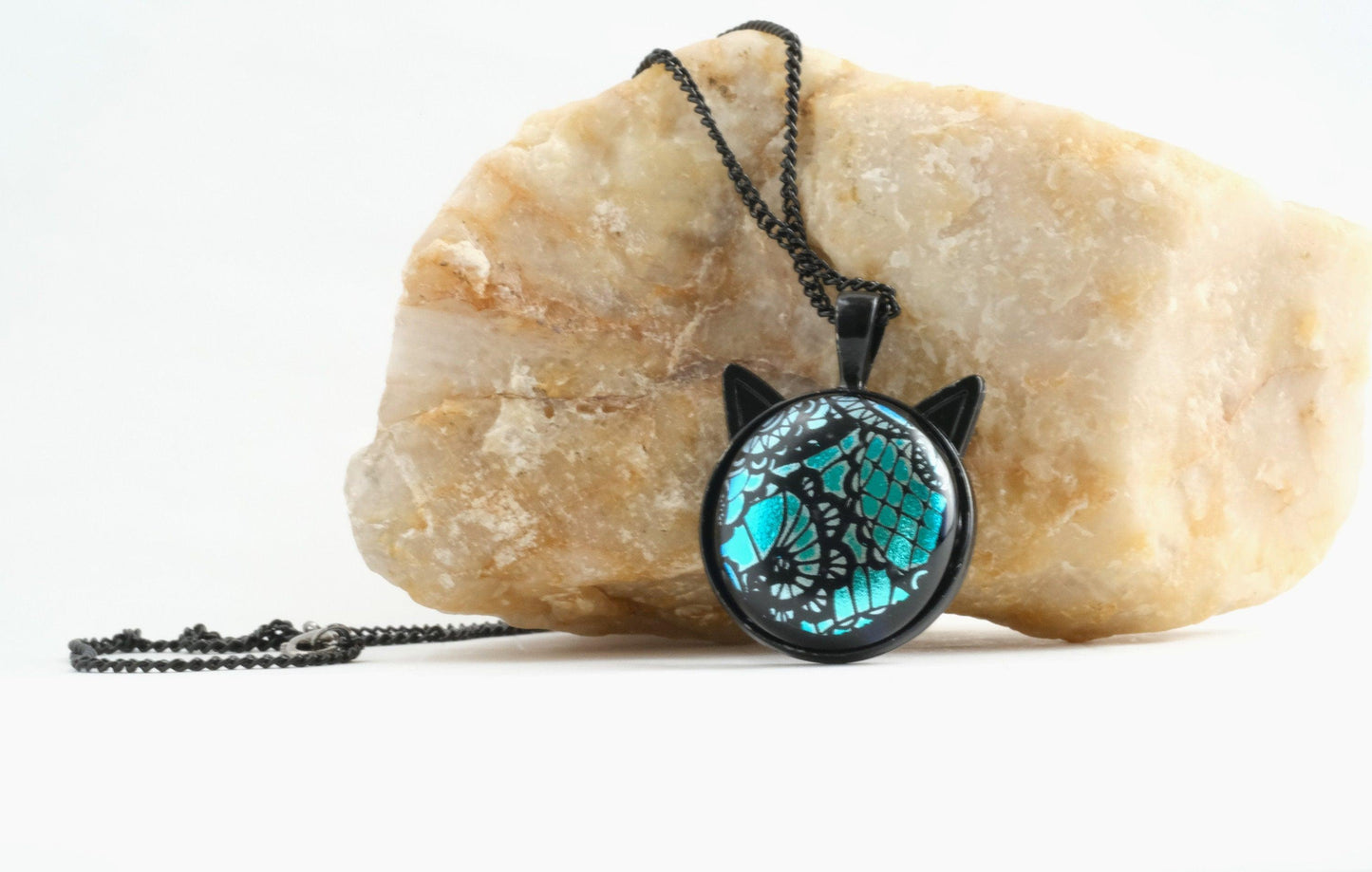 Magical Black Cat Pendant Necklace with Blue and Black satin finish lace look Dichroic Glass Center Stone on 20 in black chain seeds glassworks seedsglassworks
