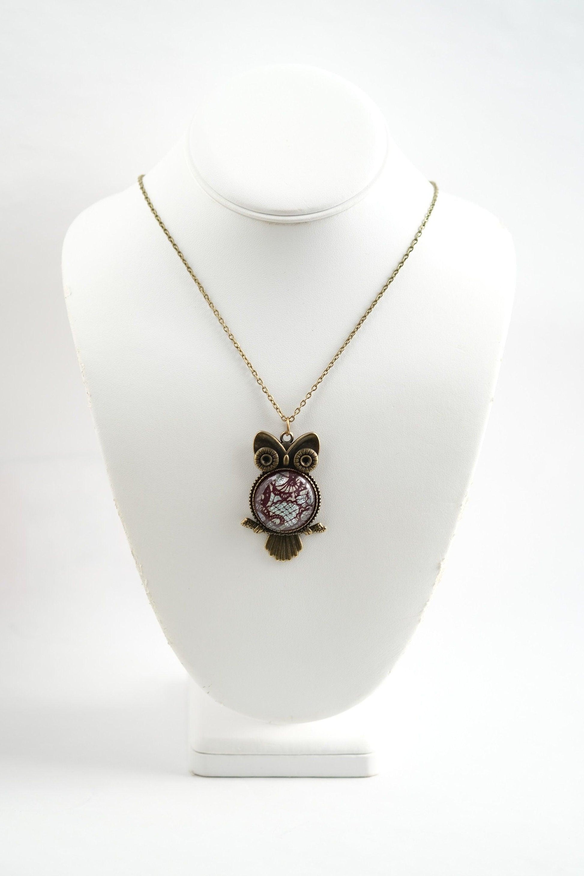 Bronze Owl Pendant Necklace with Stunning Red Lace Dichroic Fused Glass Center Stone - 20 inch Chain seeds glassworks seedsglassworks