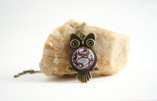 Bronze Owl Pendant Necklace with Stunning Red Lace Dichroic Fused Glass Center Stone - 20 inch Chain seeds glassworks seedsglassworks