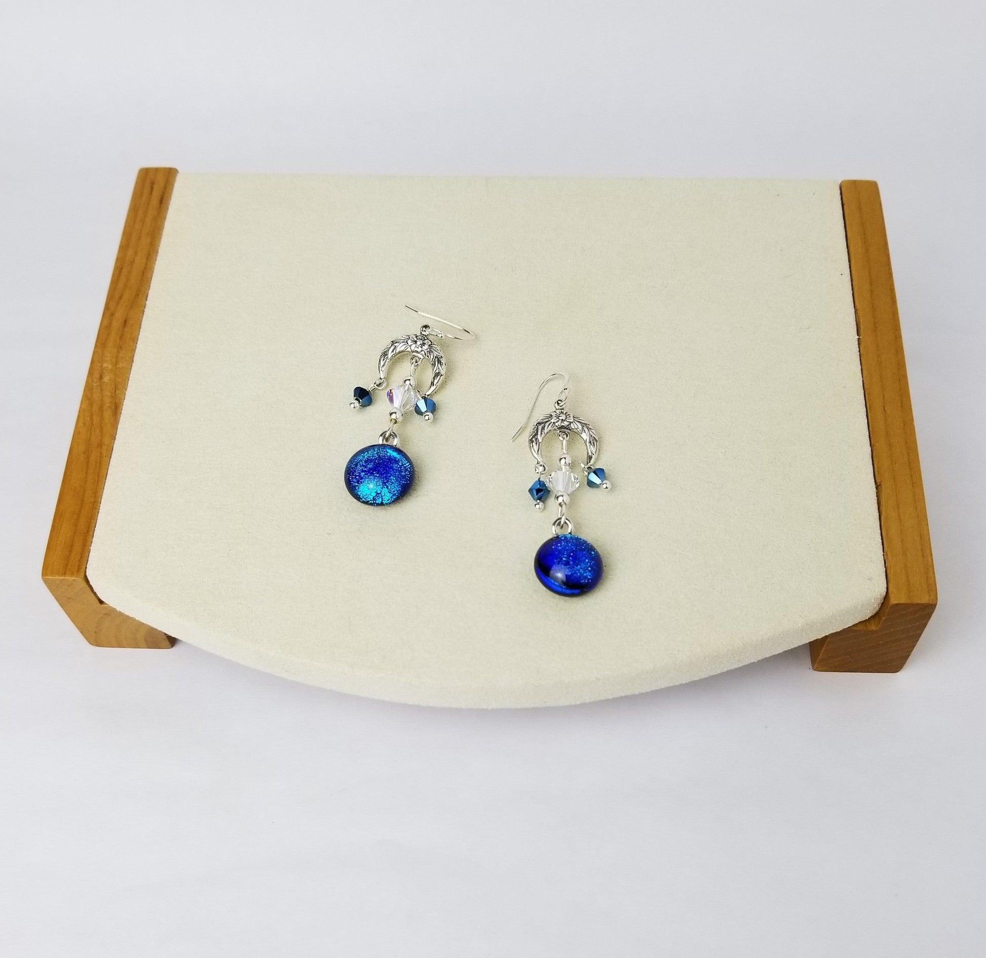 Blue Floral Crescent pireced earrings. Blue dichroic fused glass with Swarovski crystals & sterling silver by Seeds Glassworks, Seedsglassworks