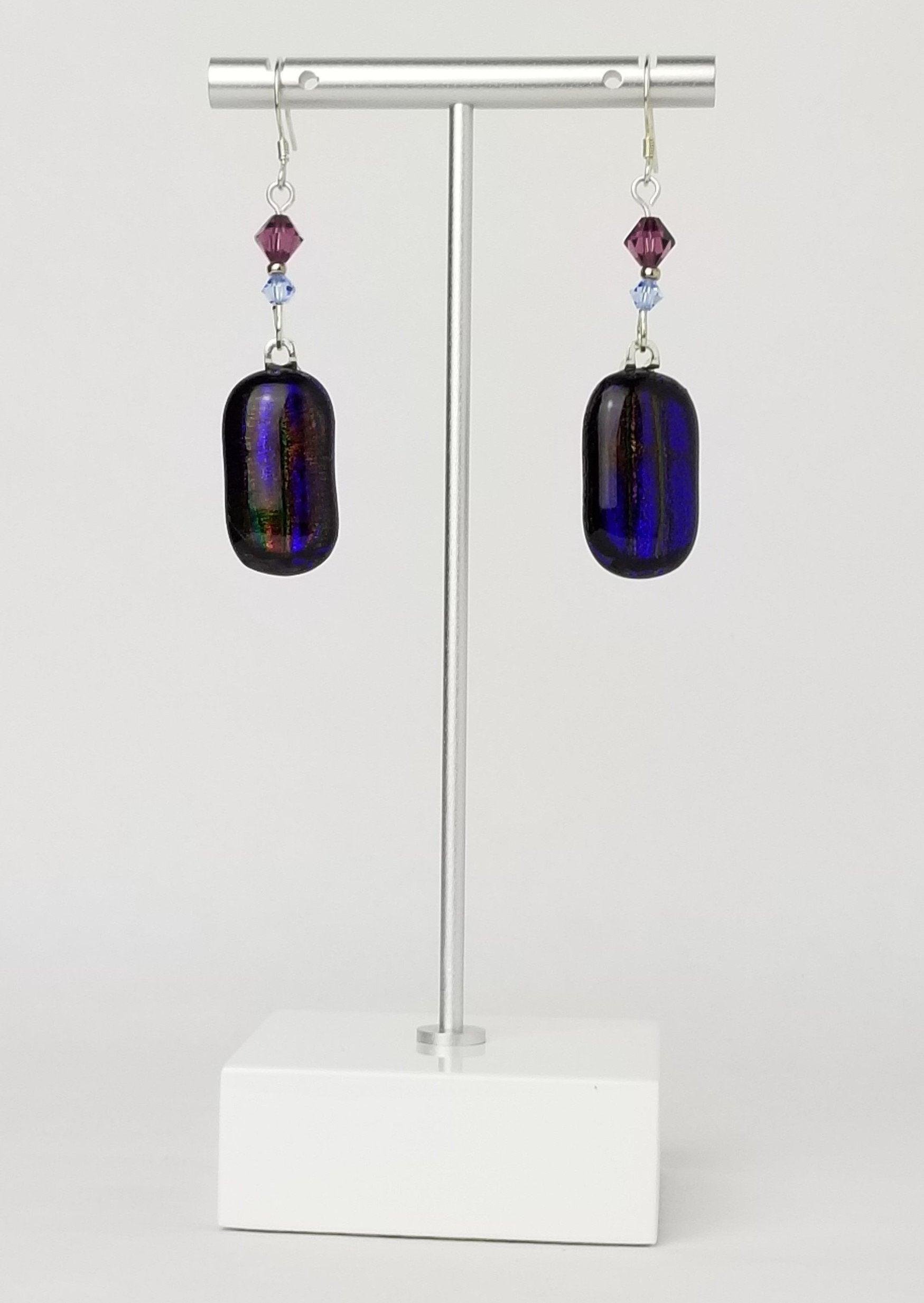 Purple Galaxy sparkle fused glass pierced dangle earrings with sterling silver ear wires