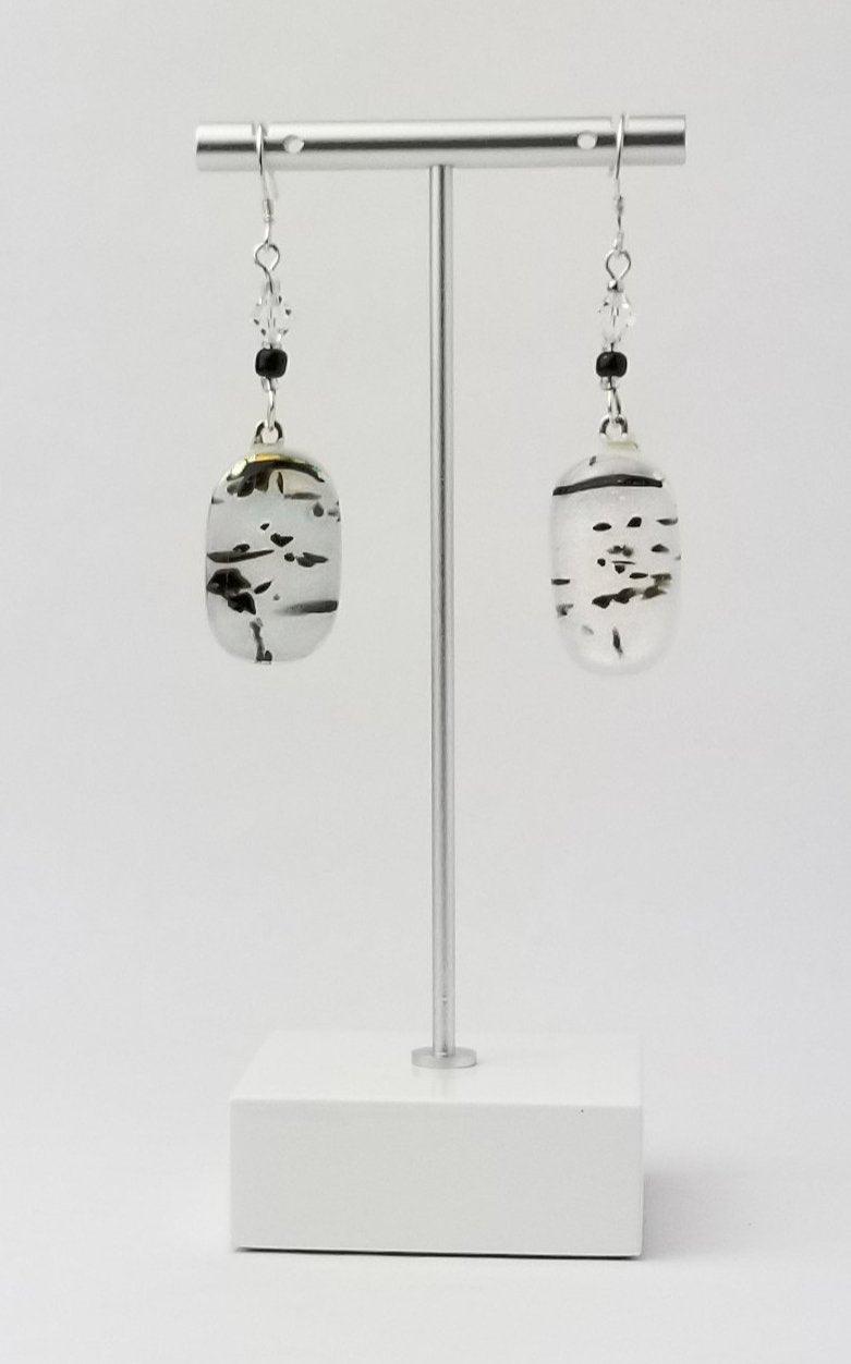 White and Black spotted fused glass jewelry, pierced dangle earrings, silver wire dangle style