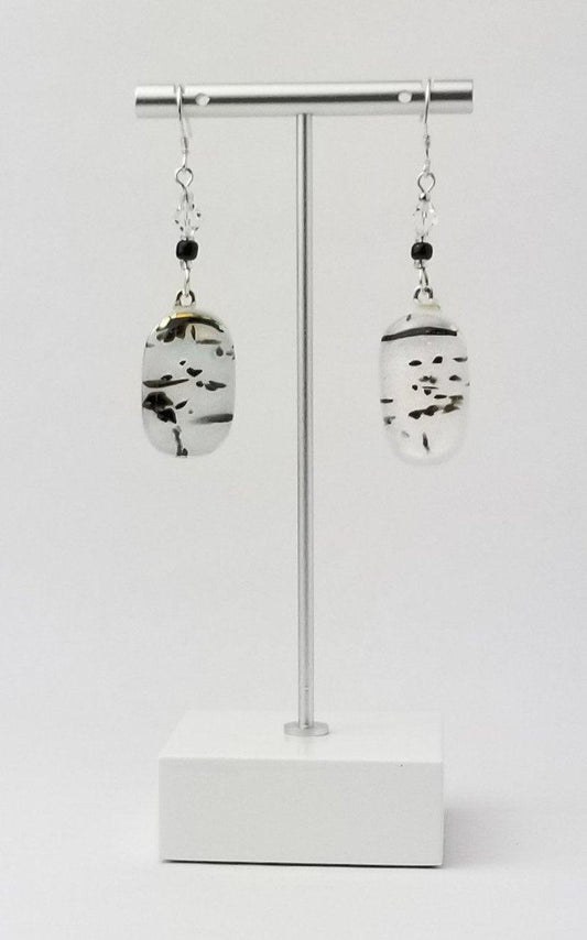 White and Black spotted fused glass jewelry, pierced dangle earrings, silver wire dangle style
