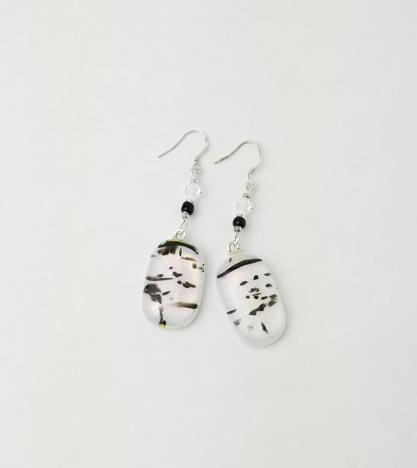 White and Black spotted fused glass jewelry, pierced dangle earrings, silver wire dangle style