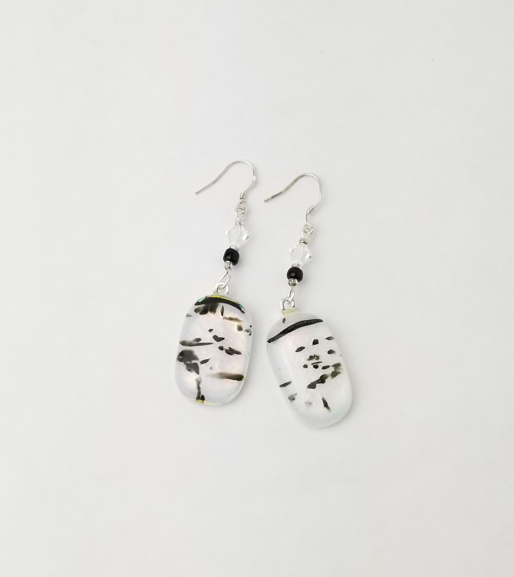 White and Black spotted fused glass jewelry, pierced dangle earrings, silver wire dangle style