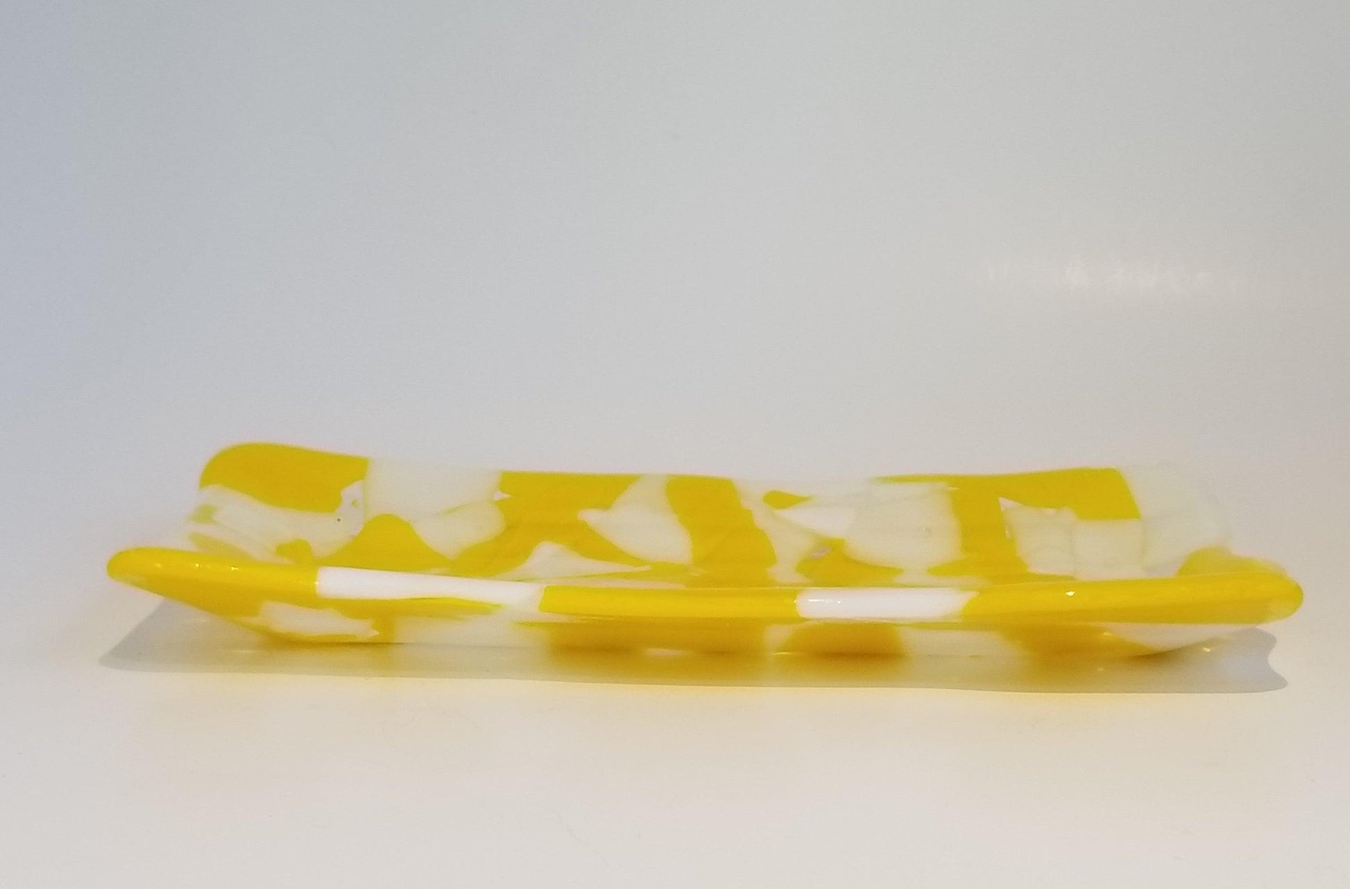 Yellow and White Fused Glass Platter. Spa candle holder serving dish from seeds glassworks